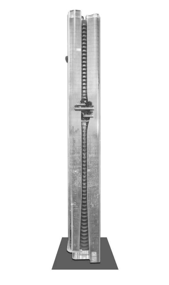 Architectural model of Berkeley Tower showing the louvered façade and the terrace seam