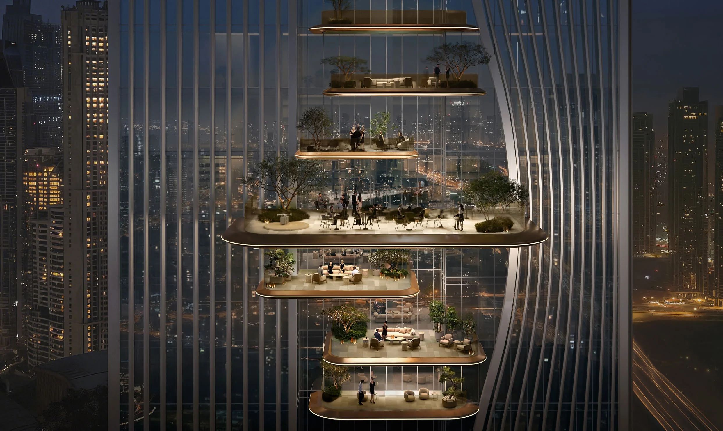 Amenities: Four amenity levels, from co-working to a clubhouse floating above the city.