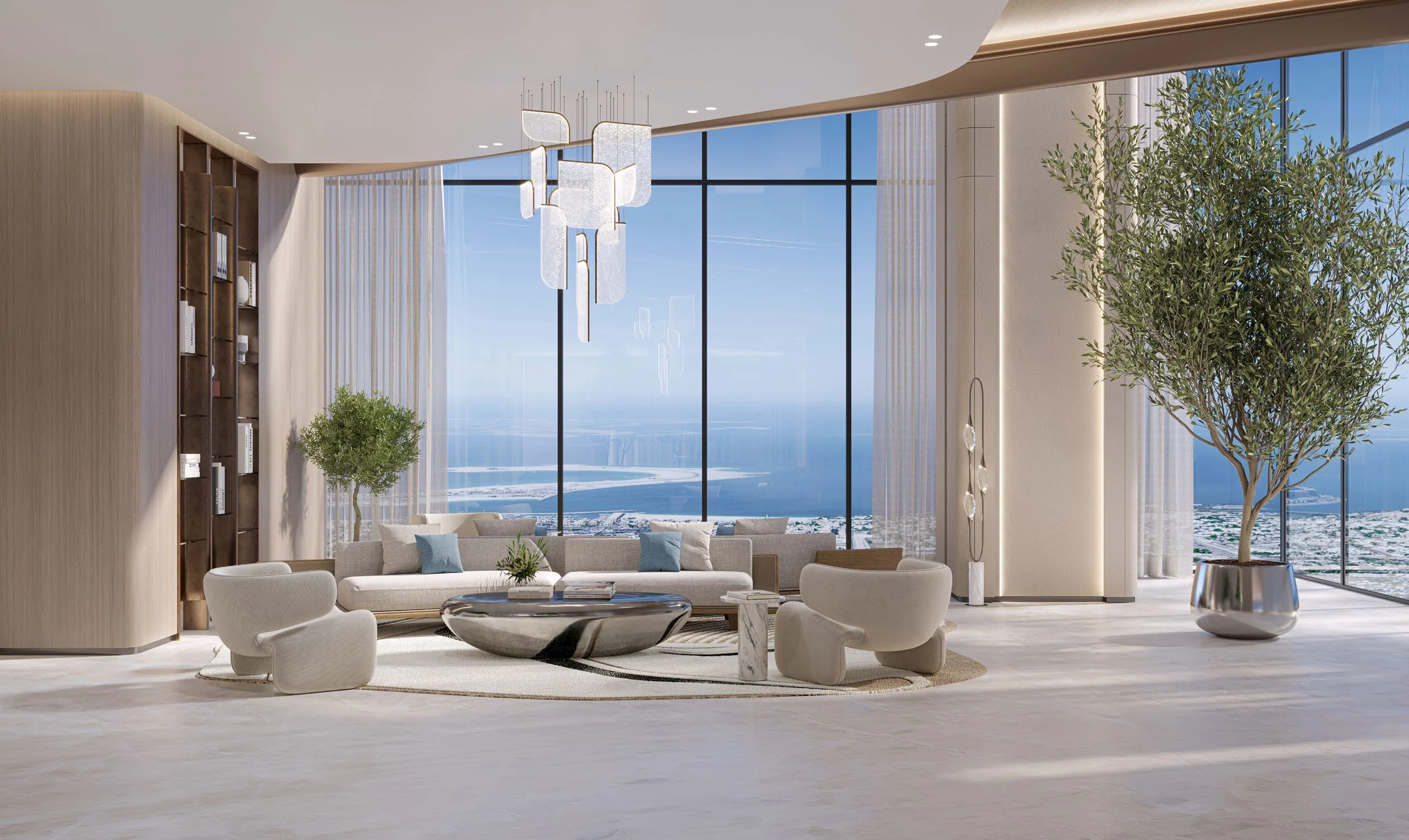 Co-working lounge at Berkeley Tower with views of the Arabian Gulf