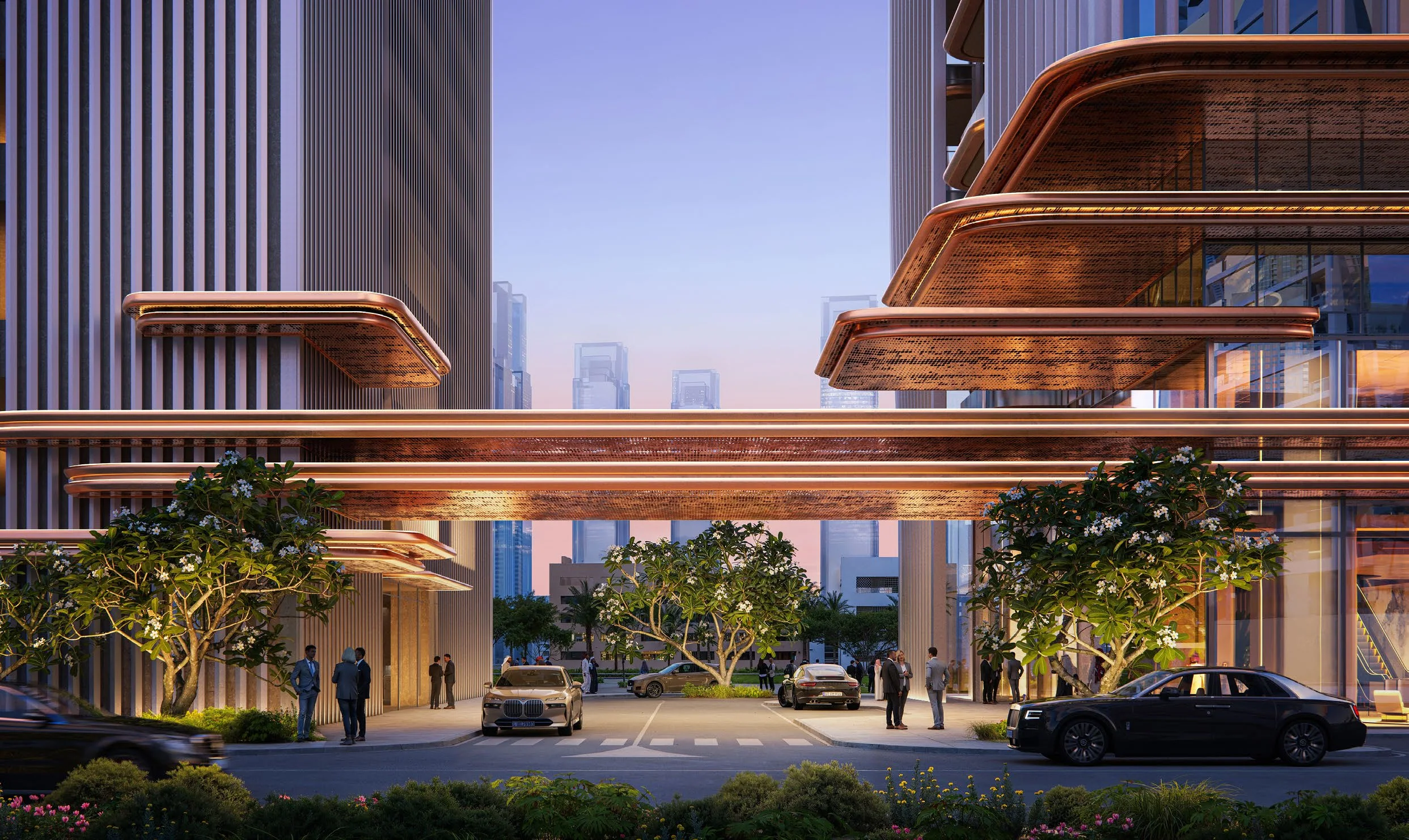 Arrival: Valet, drop-off and a copper canopy that welcomes every working day.