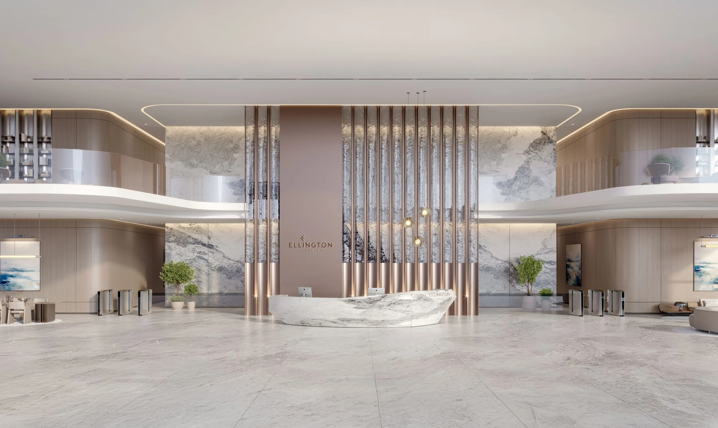 The lobby: Marble, bronze and sculptural detailing set the tone for the floors above.