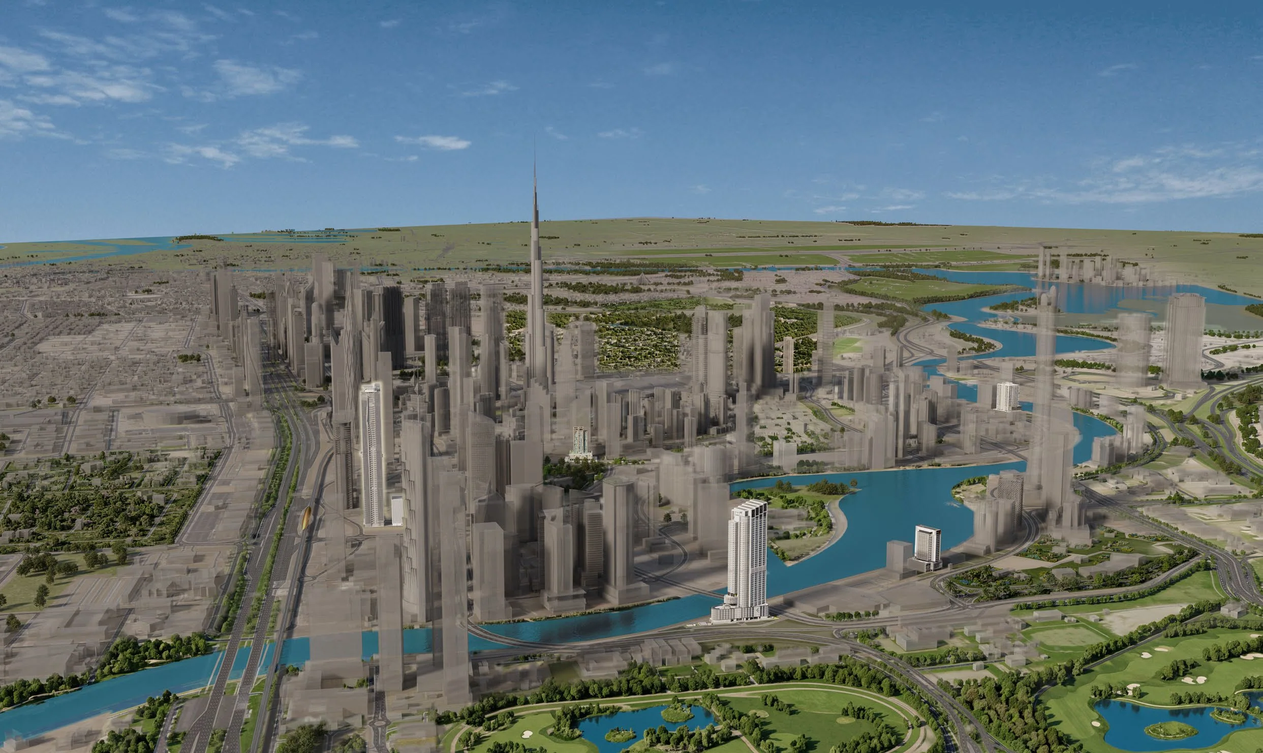 Model of Business Bay showing Berkeley Tower beside the Metro, Downtown Dubai and DIFC