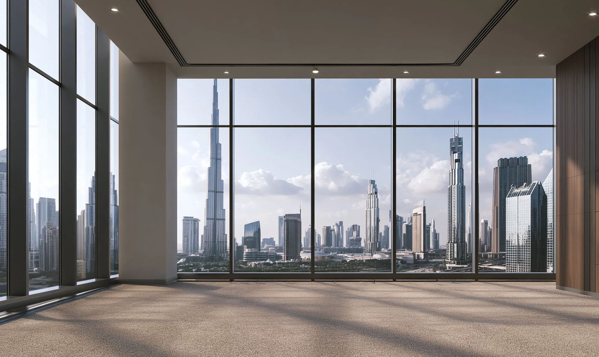 An empty Berkeley office looking towards the Burj Khalifa