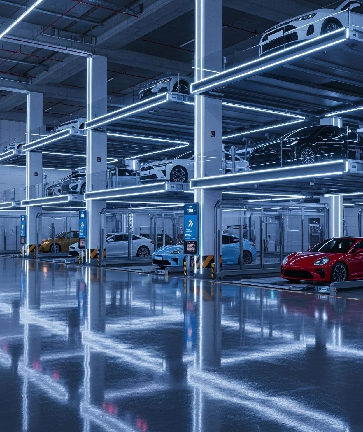 Technology: Twelve double-deck lifts, smart access and robotic parking.