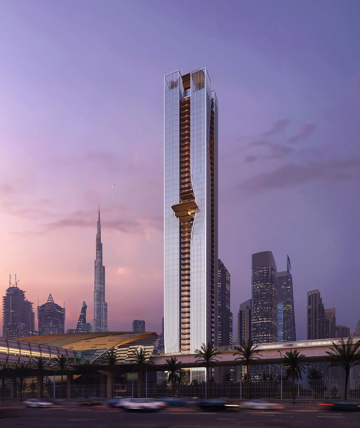 Berkeley Tower at dusk beside Business Bay Metro Station, with the Burj Khalifa behind